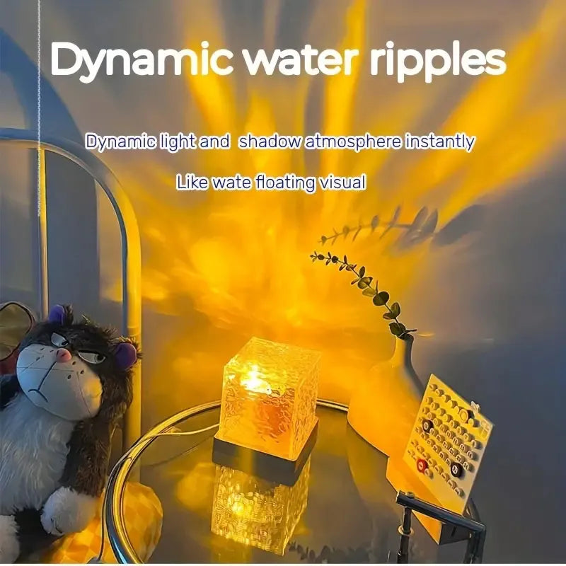 Dynamic Rotating Water Ripple Projector Night Light Water Ripple Cube Colorful Night Light Flame Crystal Lamp LED Table Lamp